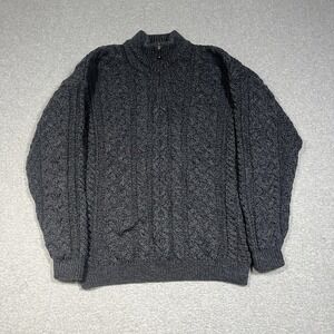 Kilronan Sweater Mens Medium Gray Cable Knit Fisherman 1/4 Zip 100% Merino Wool